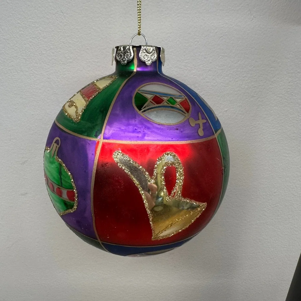 Hand Painted Glass Christmas‎ Patchwork Ornament Multi Color Glitter Train Bell